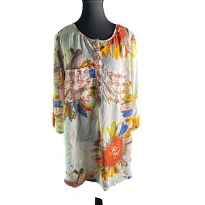 Fig and Flower Women's 2X Tunic Dress‎ Floral Print White Orange Blue Yellow